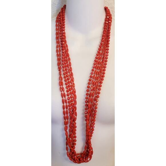 Faux Red Coral Plastic Multistrand Vtg 50s 60s MCM Beaded Necklace Box Clasp - Picture 2 of 8